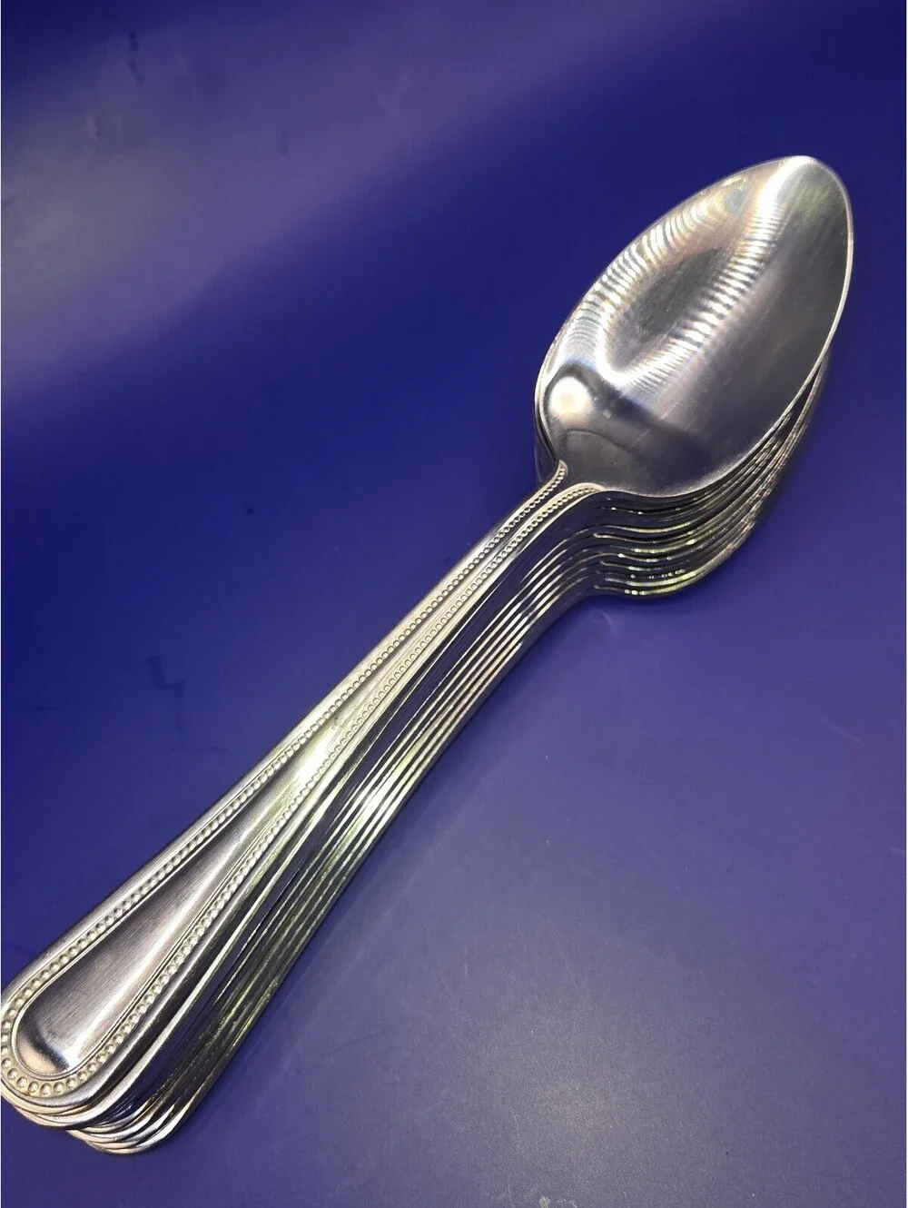 Set of 12 Winco Vined Stainless Steel 18-0 Soup Spoons with Beaded Edge Design